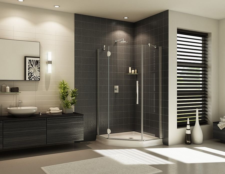 Modern bathroom with frameless glass shower and dark tile